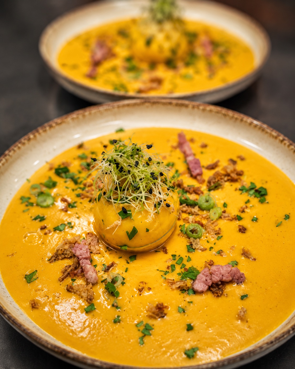 Velouté crémeux du moment, lardons croustillants, croûtons et jeunes pousses, dans une assiette en grès
